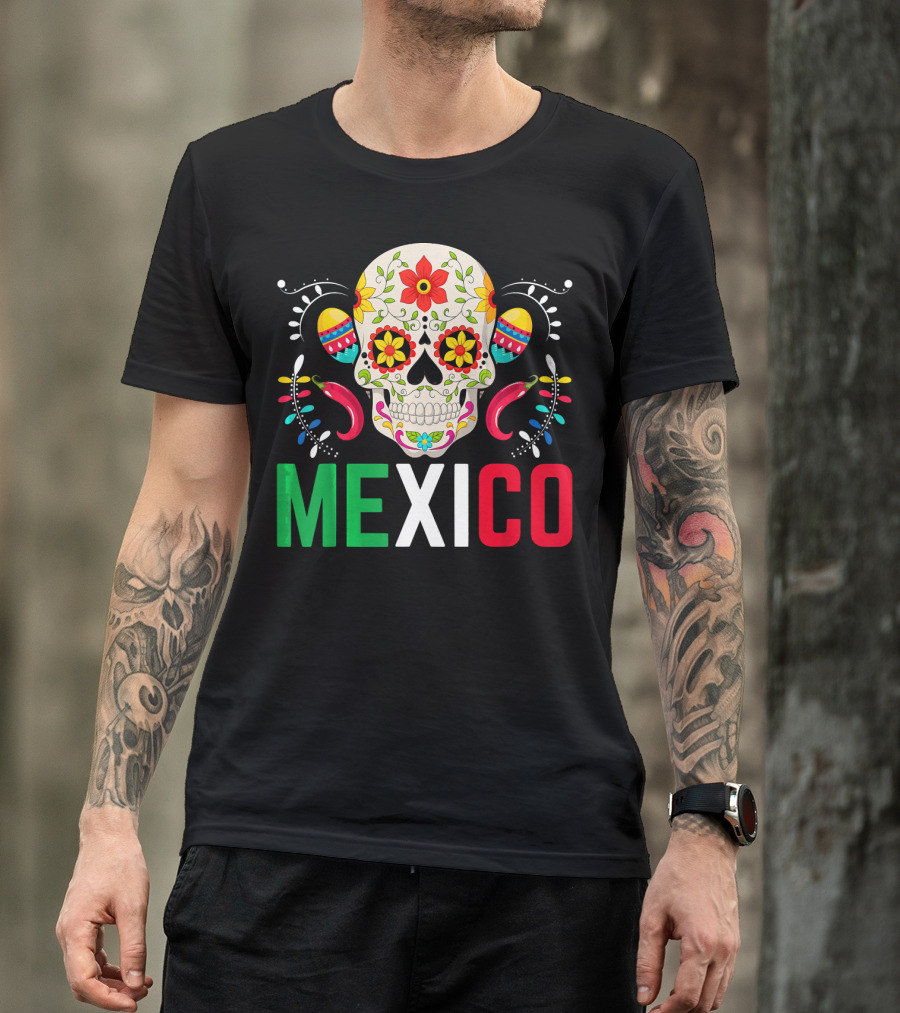 Colorful Cinco De Mayo Mexico Sugar Skull Design With Decorative Elements T-Shirt