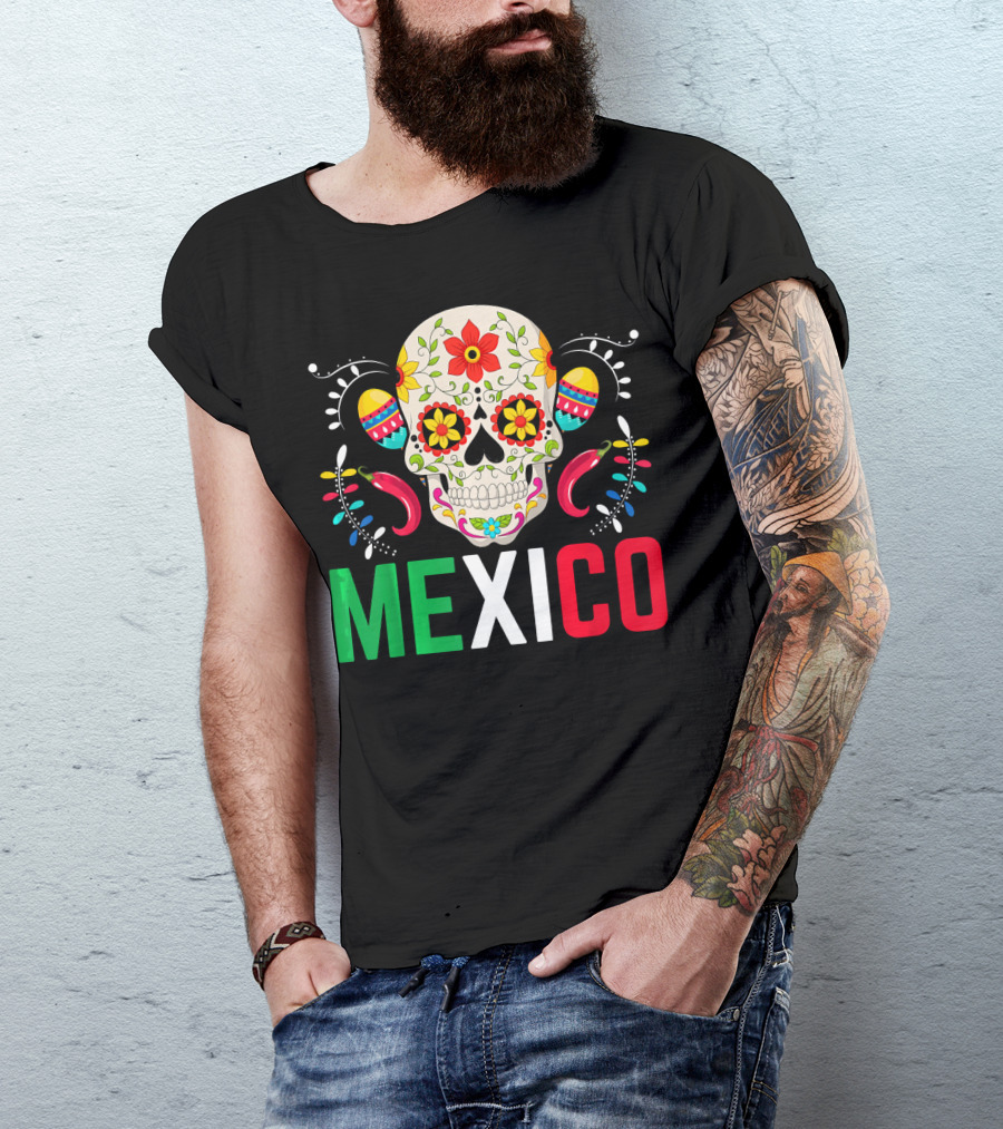 Colorful Cinco De Mayo Mexico Sugar Skull Design With Decorative Elements T-Shirt