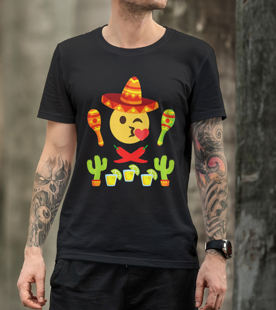 Kiss Emoji Cinco De Mayo Sombrero Maracas Cactus Peppers Margaritas T-Shirt