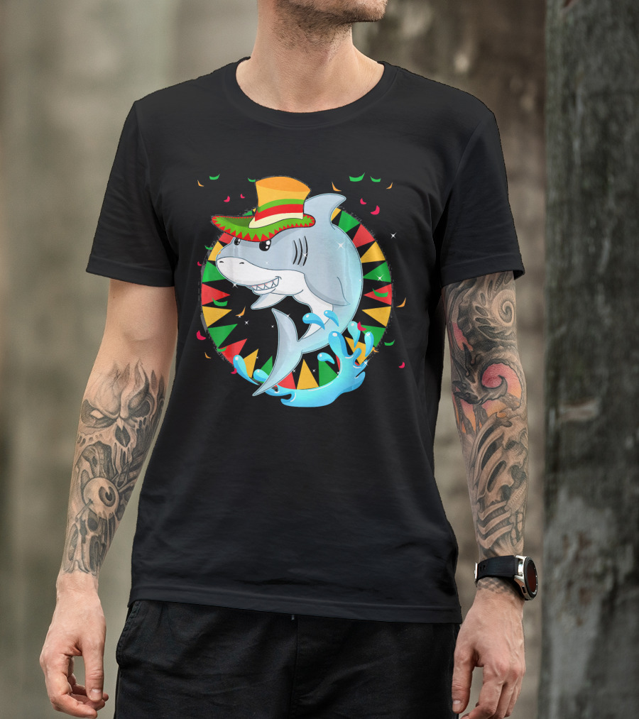 Cute Shark Cinco De Mayo 5th Of May Celebration Hat Sombrero Colorful Fiesta T-Shirt