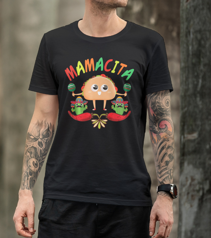 Mamacita Taco And Cactus Fiesta With Maracas And Sombrero T-Shirt