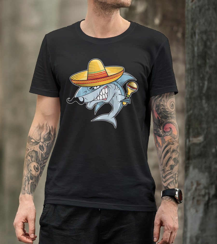 Cinco De Mayo Shark Wearing Sombrero With Maraca Mexican Fiesta T-Shirt