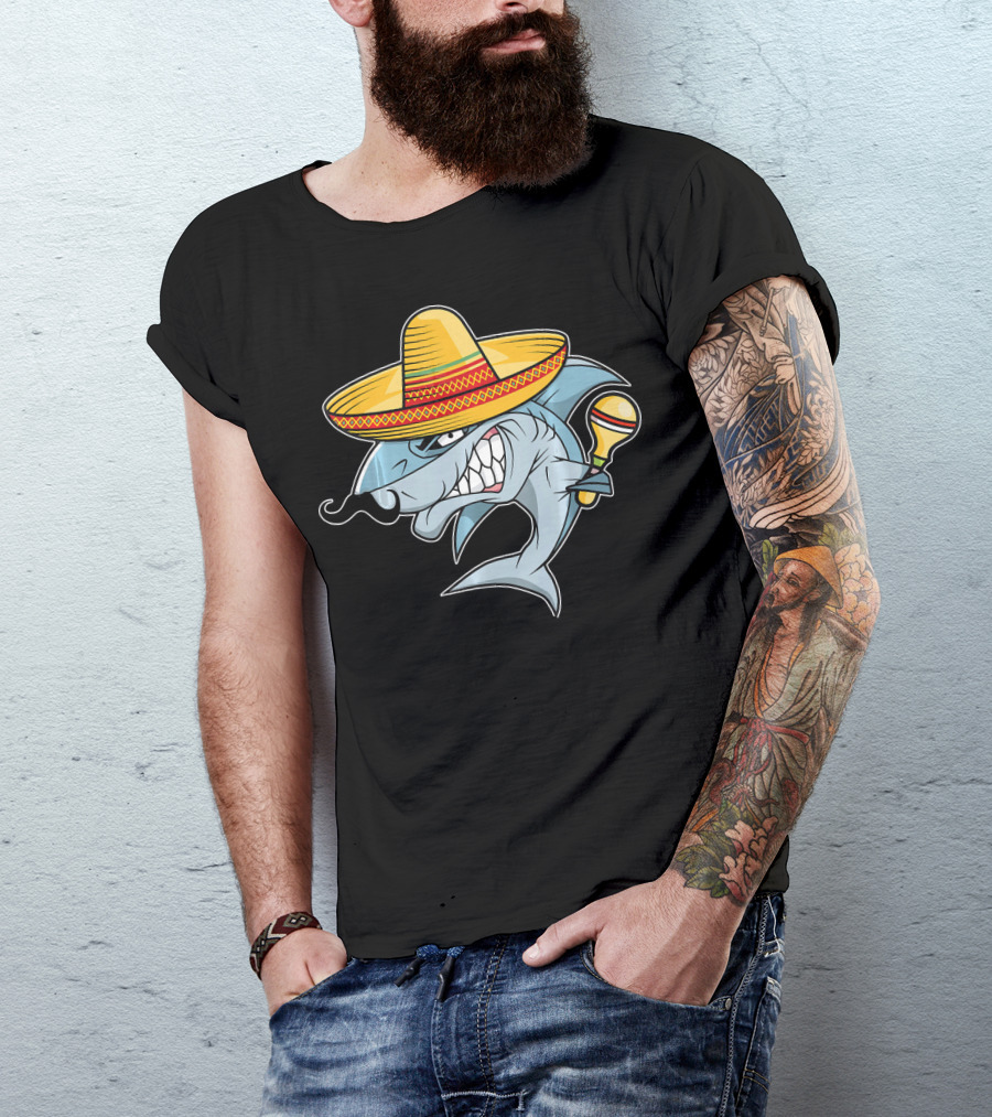 Cinco De Mayo Shark Wearing Sombrero With Maraca Mexican Fiesta T-Shirt