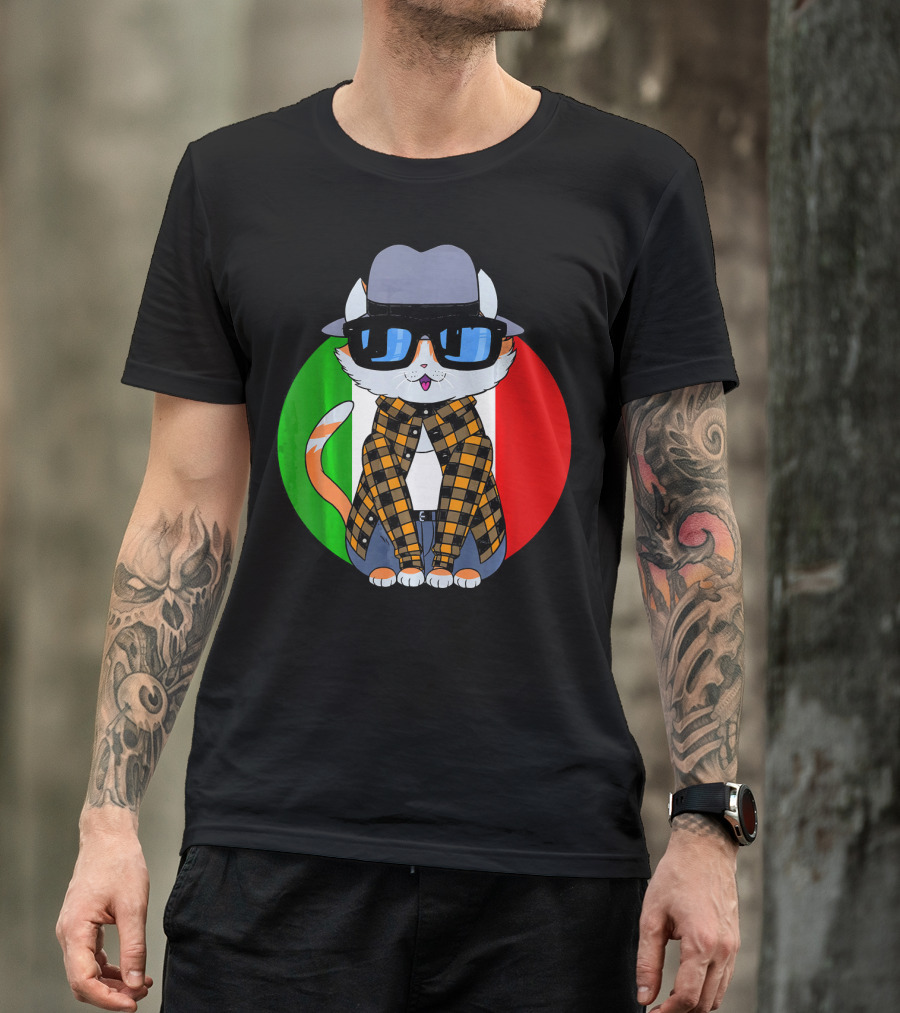 Cinco De Mayo Mexican Kitty Cat With Sunglasses And Plaid Shirt In Front Of Tricolor Circle T-Shirt