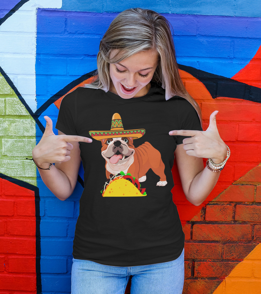 Funny Cinco De Mayo Bulldog Wear Sombrero Taco Fiesta T-Shirt