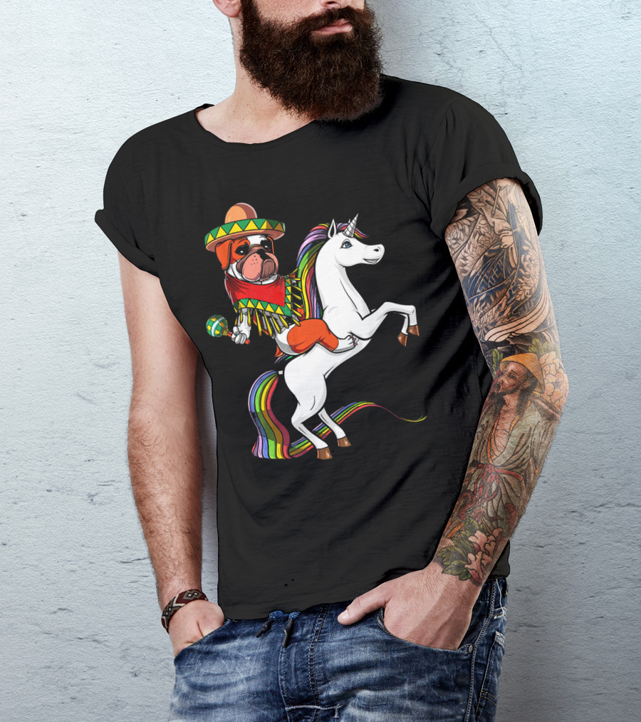English Bulldog Riding Unicorn Cinco De Mayo Fiesta Hat And Maracas T-Shirt