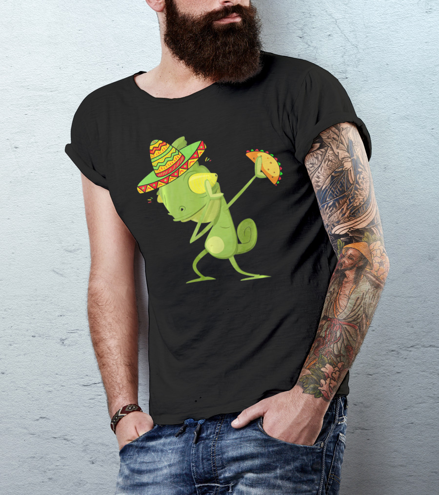 Funny Lizard Dabbing Sombrero Taco Cinco De Mayo T-Shirt