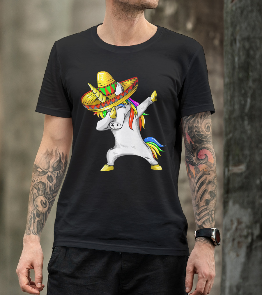 Dabbing Cinco De Mayo Unicorn With Sombrero And Rainbow Mane T-Shirt