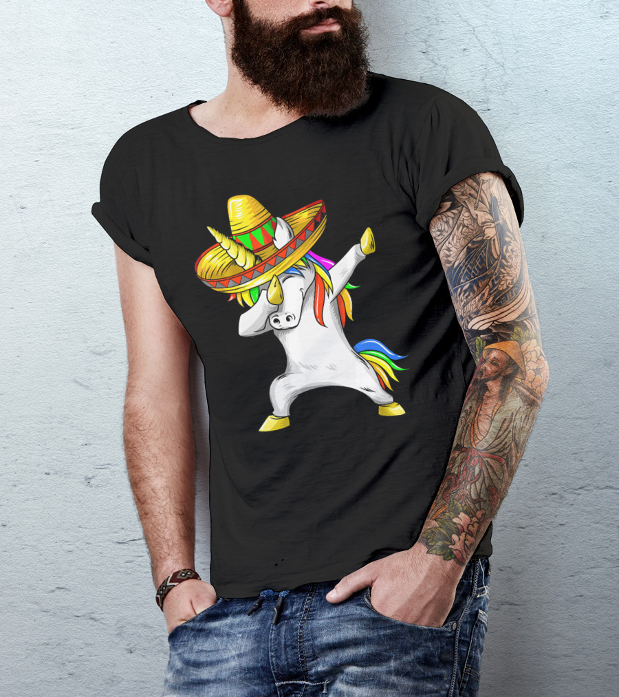 Dabbing Cinco De Mayo Unicorn With Sombrero And Rainbow Mane T-Shirt