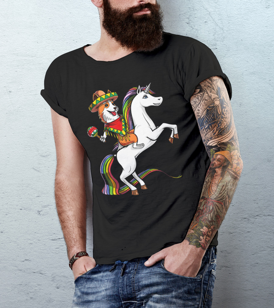 Corgi Riding Unicorn In Sombrero With Maracas Cinco De Mayo Mexic Fiesta T-Shirt