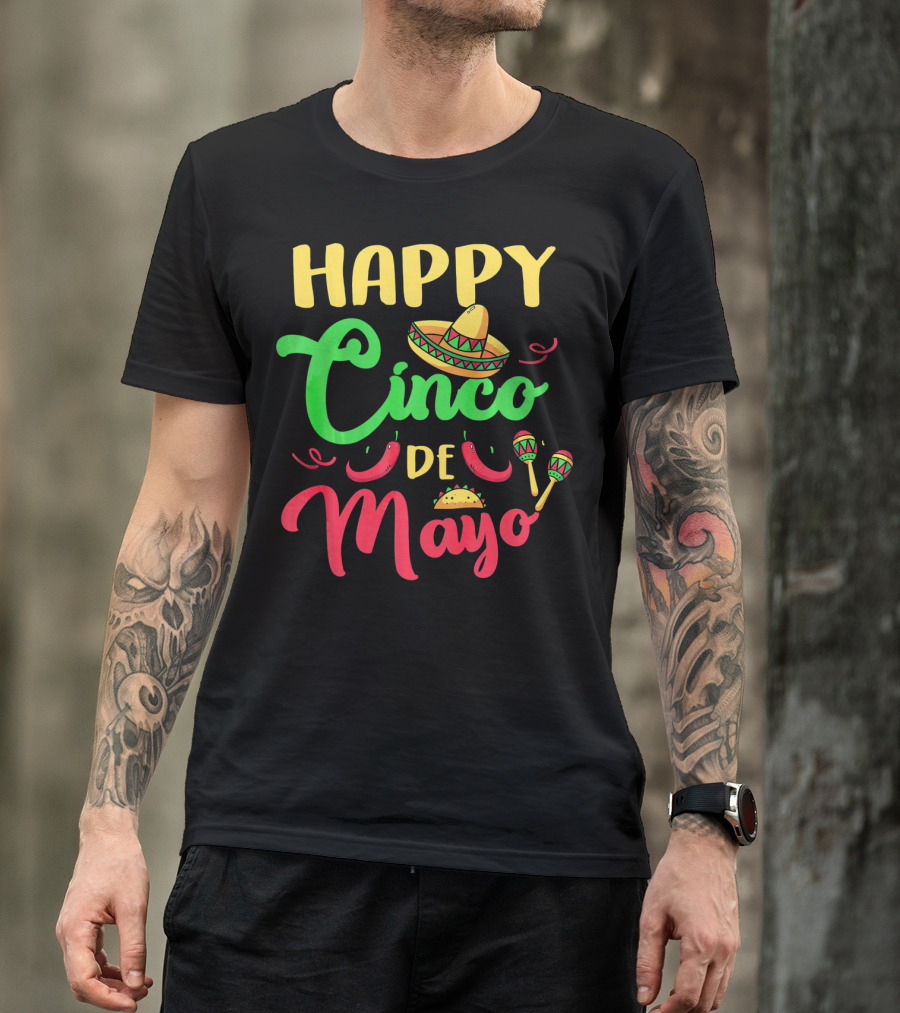 Happy Cinco De Mayo Sombrero Taco Maracas Peppers T-Shirt