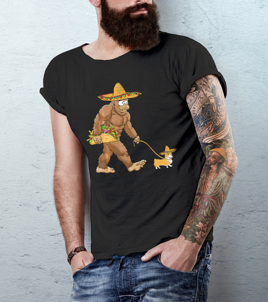 Bigfoot Sombrero Taco Corgi Dog Cinco De Mayo T-Shirt