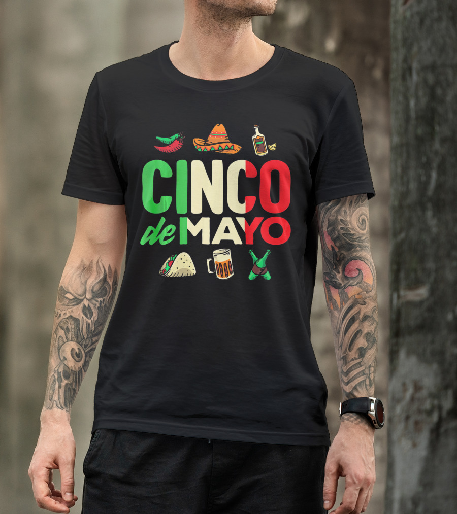 Cinco De Mayo Fiesta Sombrero Taco Beer Bottle Peppers T-Shirt