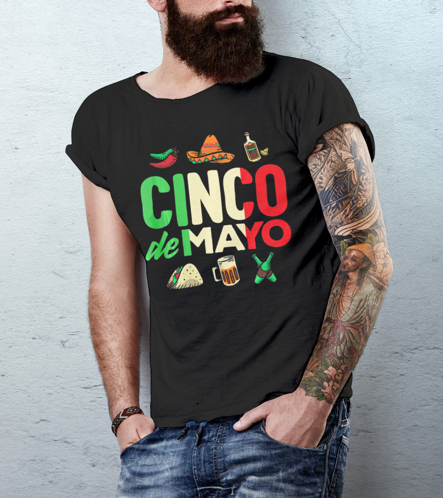 Cinco De Mayo Fiesta Sombrero Taco Beer Bottle Peppers T-Shirt