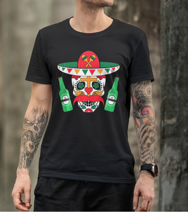 Cinco De Mayo Sugar Skull With Sombrero Maracas And Beer Bottles Mexi T-Shirt