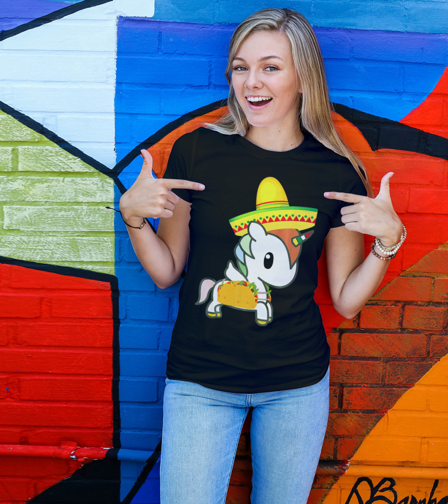 Chibi Cinco De Mayo Unicorn Wearing Sombrero Taco T-Shirt