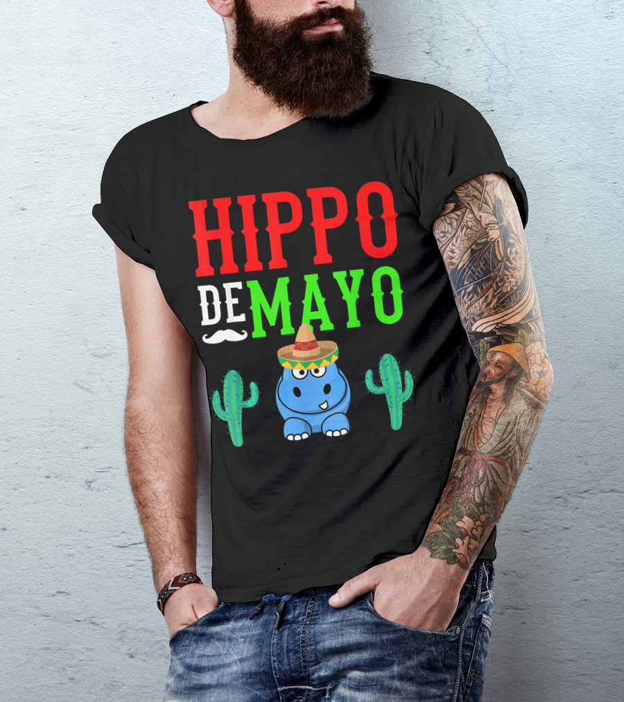 Hippo De Mayo Funny Mexico Fiesta With Sombrero Cactus T-Shirt