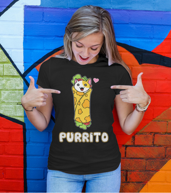 Purrito Kitten Wrapped In Burrito With Heart And Taco Cat Expression T-Shirt