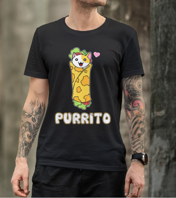 Purrito Kitten Wrapped In Burrito With Heart And Taco Cat Expression T-Shirt