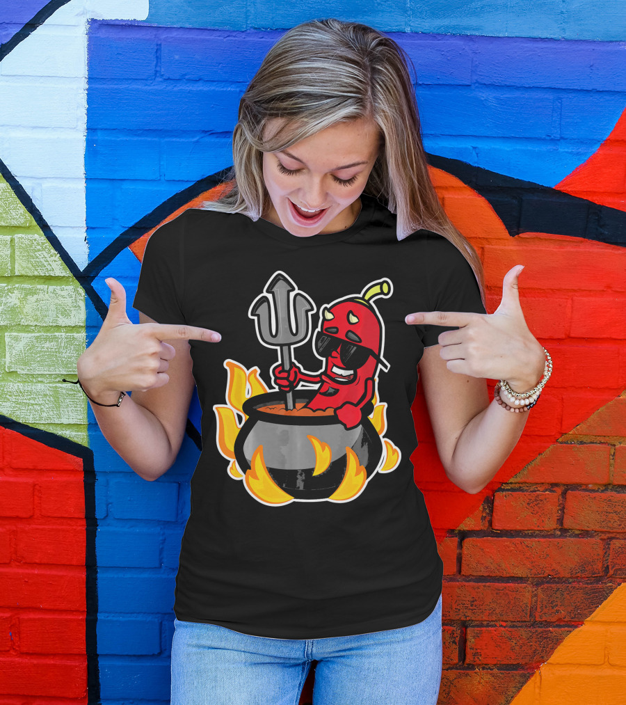 Funny Chili Pepper Devil In Fiery Pot Cinco De Mayo T-Shirt