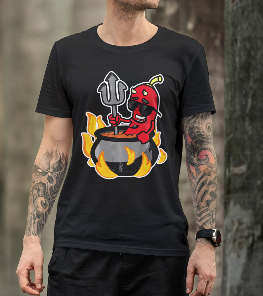 Funny Chili Pepper Devil In Fiery Pot Cinco De Mayo T-Shirt