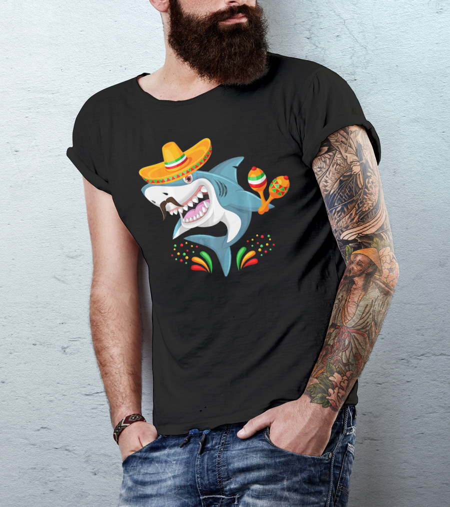 Cinco De Mayo Shark Sombrero Maracas Fiesta Mexican T-Shirt