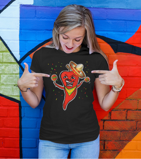 Red Pepper Sombrero Maracas Fiesta Cinco De Mayo T-Shirt