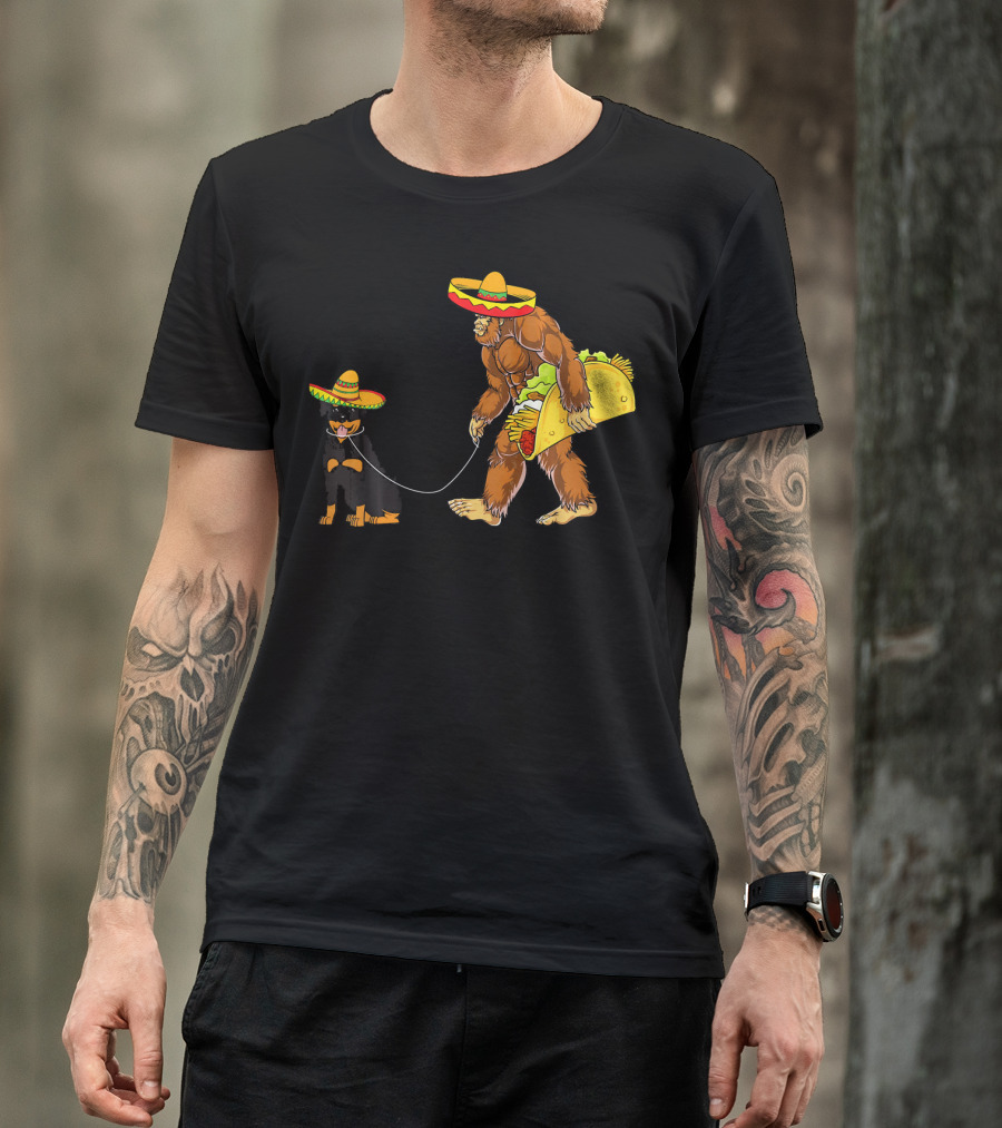 Cinco De Mayo Bigfoot Walking Rottweiler Taco Sombrero T-Shirt