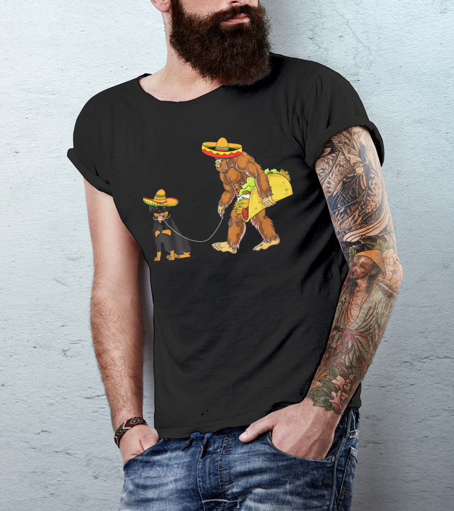 Cinco De Mayo Bigfoot Walking Rottweiler Taco Sombrero T-Shirt