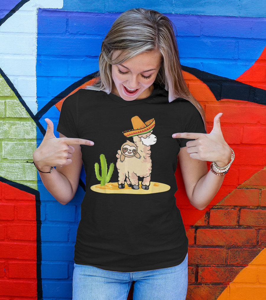 Cinco De Mayo Mexican Llama Sloth Riding Sombrero Cactus Desert Scene T-Shirt