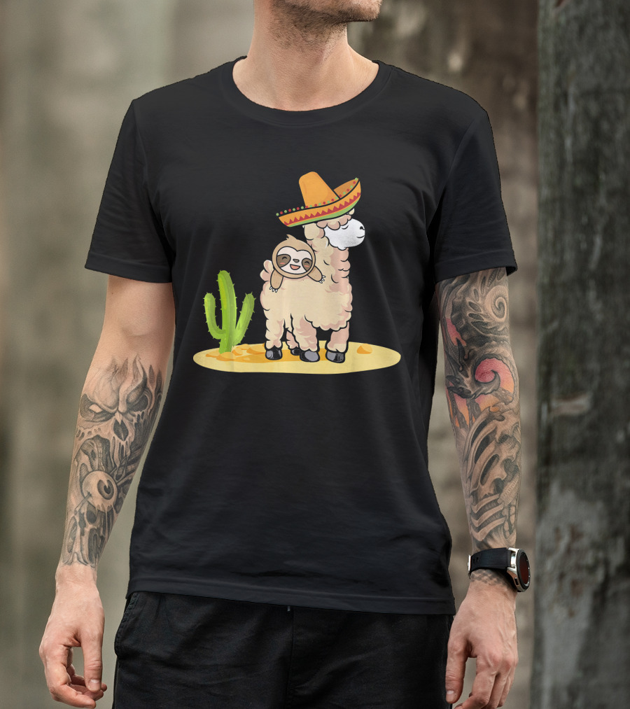 Cinco De Mayo Mexican Llama Sloth Riding Sombrero Cactus Desert Scene T-Shirt