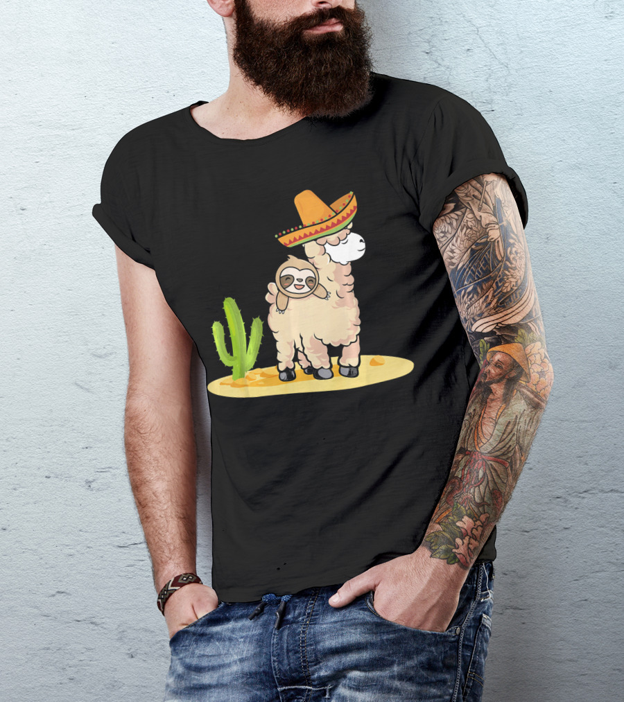 Cinco De Mayo Mexican Llama Sloth Riding Sombrero Cactus Desert Scene T-Shirt