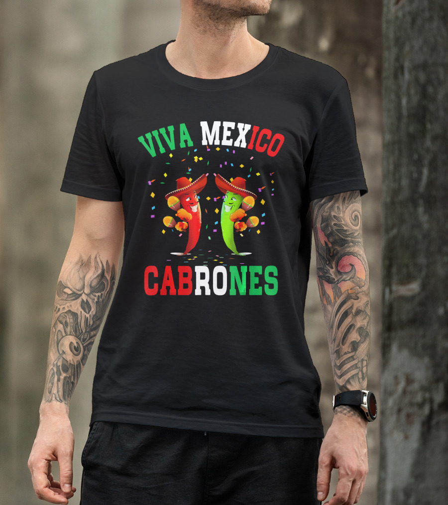 Viva Mexico Cabrones Red Green Chili Peppers Sombreros Confetti T-Shirt