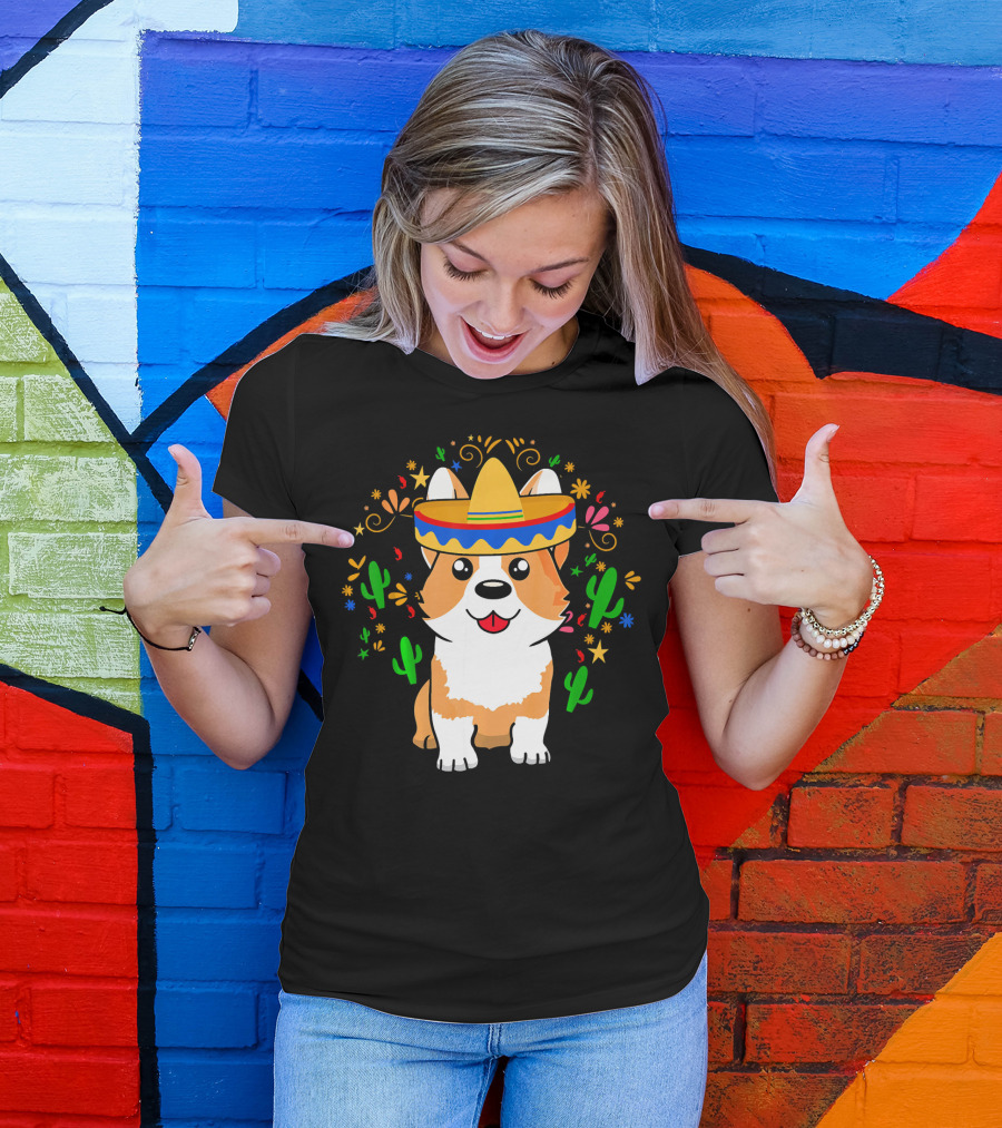 Cinco De Mayo Corgi Dog With Sombrero And Cacti T-Shirt