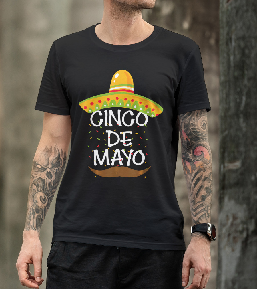Cinco De Mayo Sombrero Celebration With Mustache And Confetti T-Shirt