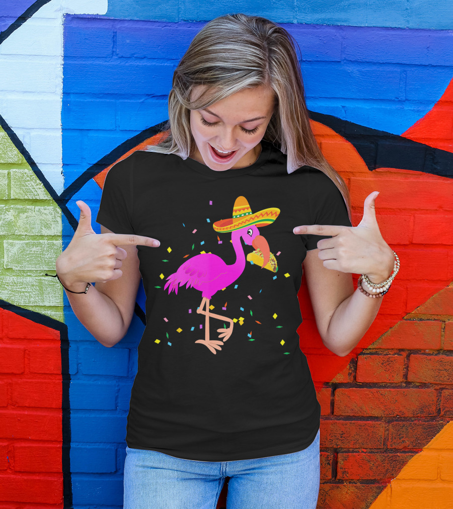 Pink Flamingo Sombrero Taco Mexican Cinco Fiesta T-Shirt