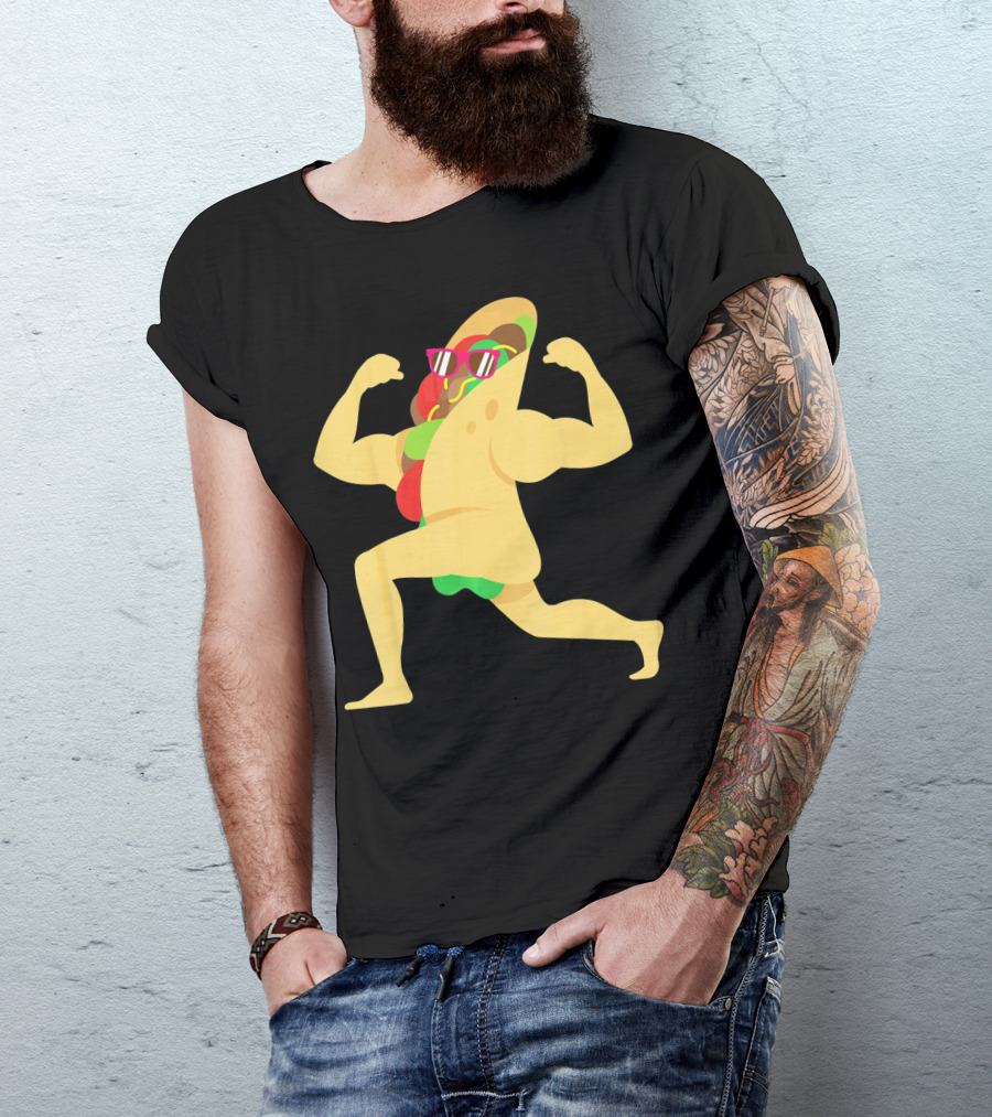 Muscle Beach Taco Funny Mexican Cinco De Mayo Flexing Bodybuilder T-Shirt