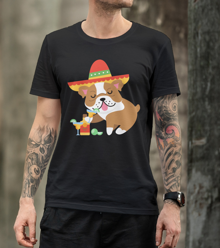Bulldog Margarita Funny Mexican Sombrero Dog Cinc Party T-Shirt