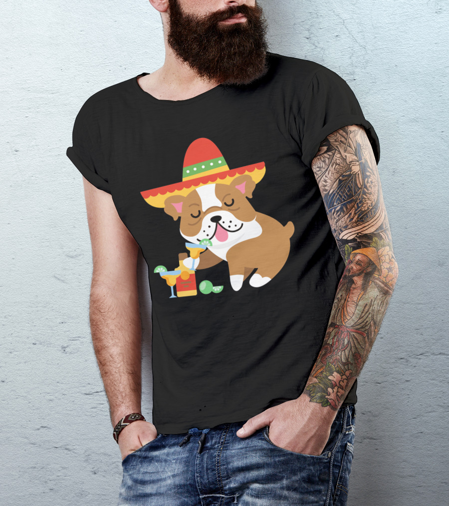 Bulldog Margarita Funny Mexican Sombrero Dog Cinc Party T-Shirt