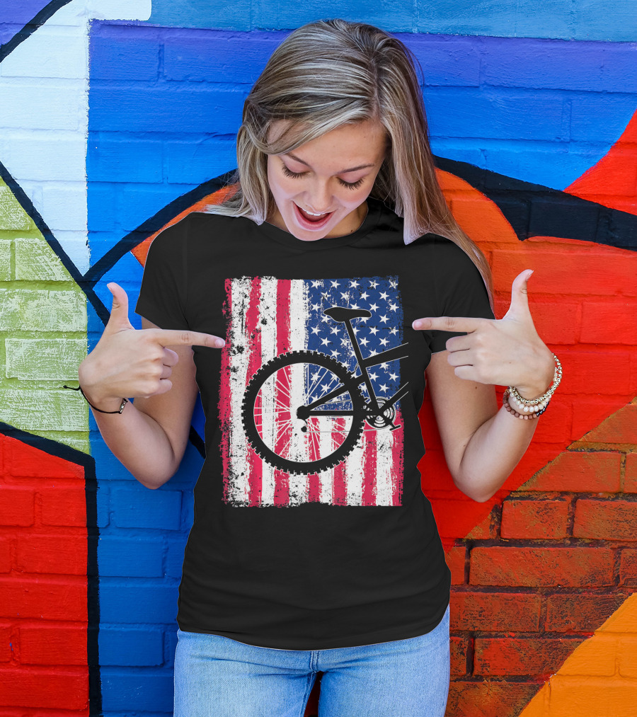 Mountain Bike Cycling American Flag Bicycle USA T-Shirt