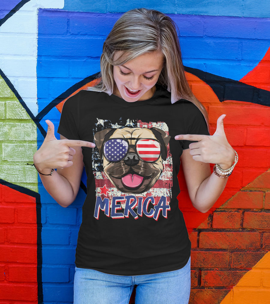 American Flag Pug Dog Merica Sunglasses USA T-Shirt