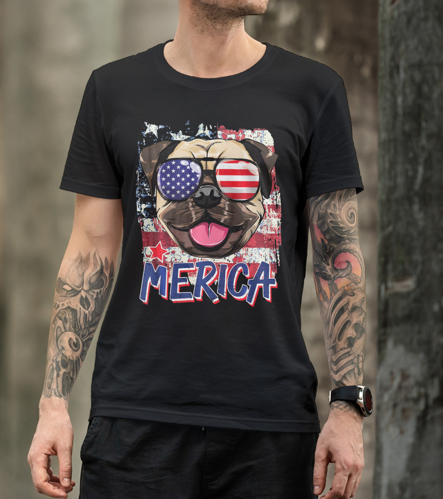 American Flag Pug Dog Merica Sunglasses USA T-Shirt
