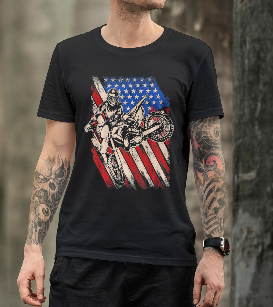 Vintage Dirt Bike Motocross With American Flag Background T-Shirt