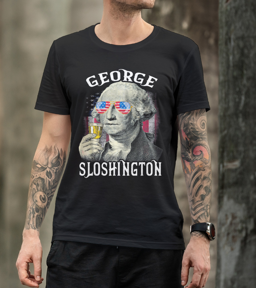 George Sloshington American Flag Sunglasses Beer T-Shirt