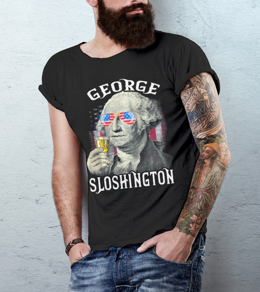 George Sloshington American Flag Sunglasses Beer T-Shirt