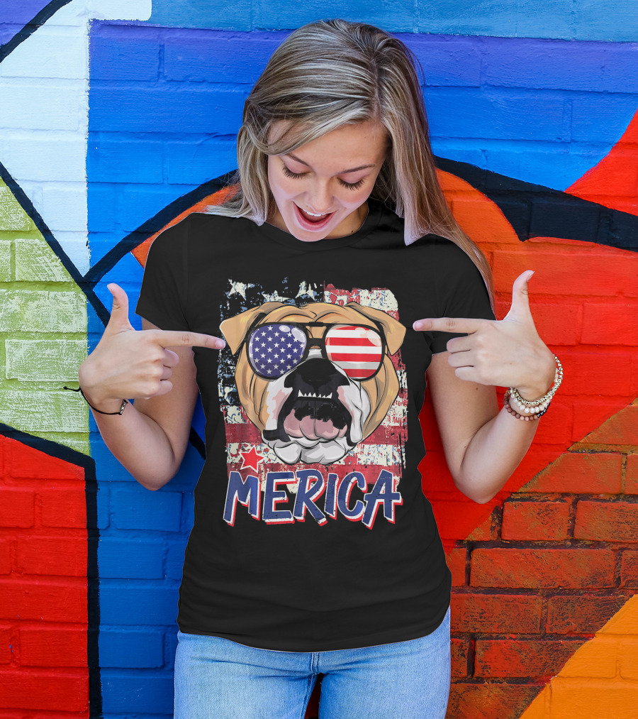 Merica Bulldog With American Flag Sunglasses T-Shirt