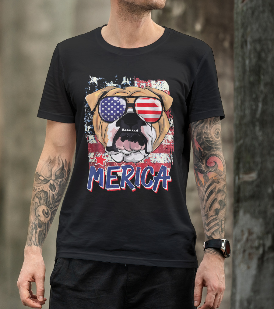 Merica Bulldog With American Flag Sunglasses T-Shirt
