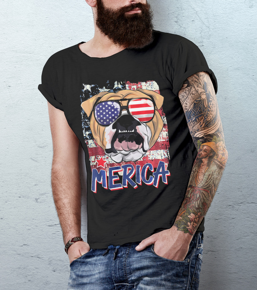 Merica Bulldog With American Flag Sunglasses T-Shirt