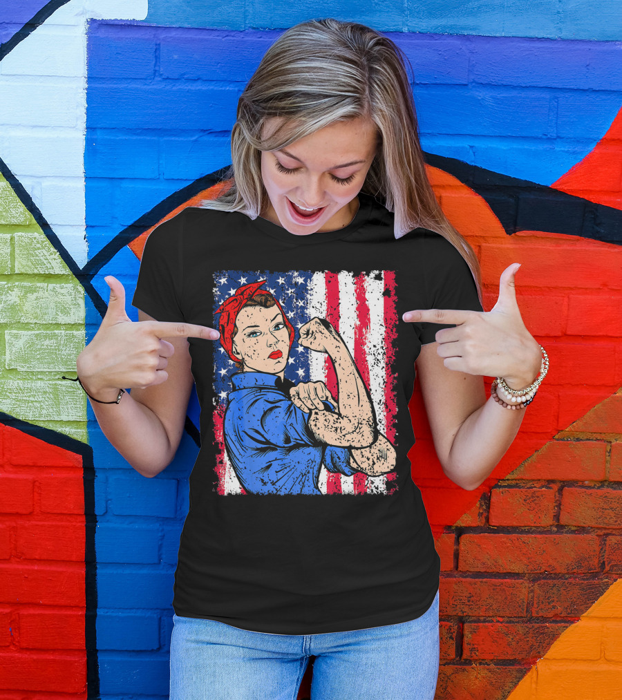 Rosie The Riveter Feminist Patriotic USA American Flag Iconic Empowerment T-Shirt