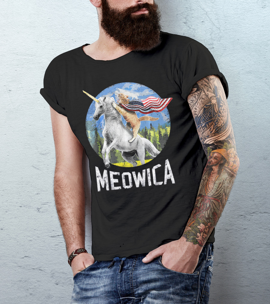 Meowica Cat Riding Unicorn With American Flag T-Shirt